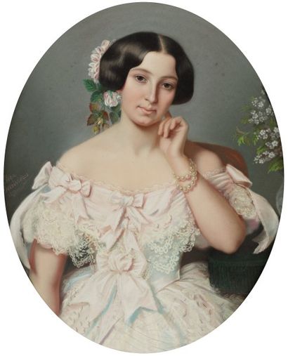 DESRIVIERES Eliza Niort vers 1820 - 1898 Portrait de femme à la robe rose avec des...