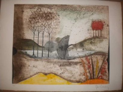Carcan René (1925-1993) "Paysage de lac", estampe, 94/95, signée en bas à droite,...