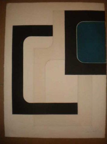 Debutler Jacqueline "Composition abstraite noire blanche et bleu", estampe, 26/50,...
