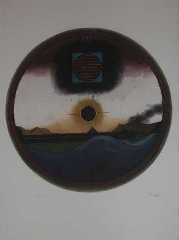 Beeri Tuvia (1929) Composition Eclipse dans un médaillon, gravure en couleurs, signée...