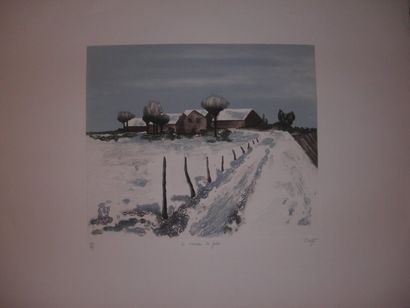CLERGET "Le hameau de Jules", estampe, n°47/99, signée en bas à droite, 50x55,5 ...