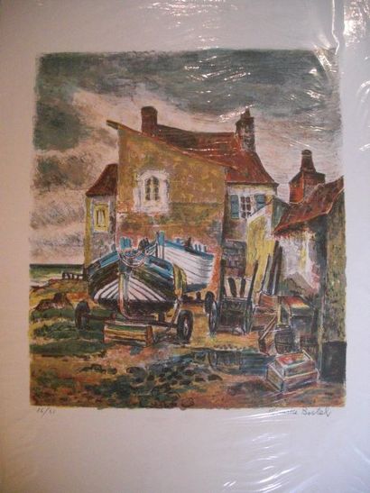 MAURICE BOITEL "Barques et maisons", estampe, n°16/80, signée en bas à droite, 65x48...