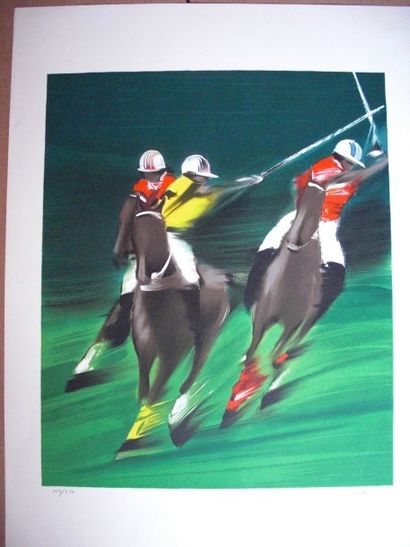 SPAHN "Polo, trois chevaux", estampe, n°113/250, signée en bas à droite, 73x65,5...