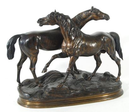 Jules MOIGNIEZ (1835-1894) "L accolade". Bronze à patine brune signé, daté 1870 et...