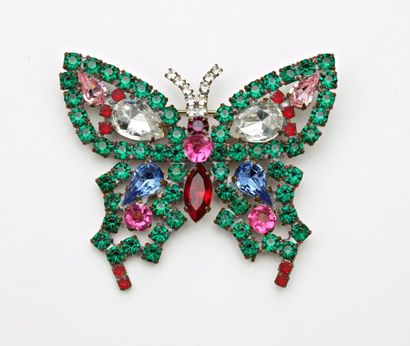 null Broche "Papillon" en métal serti de pierres d'imitation vertes, rouges, roses...