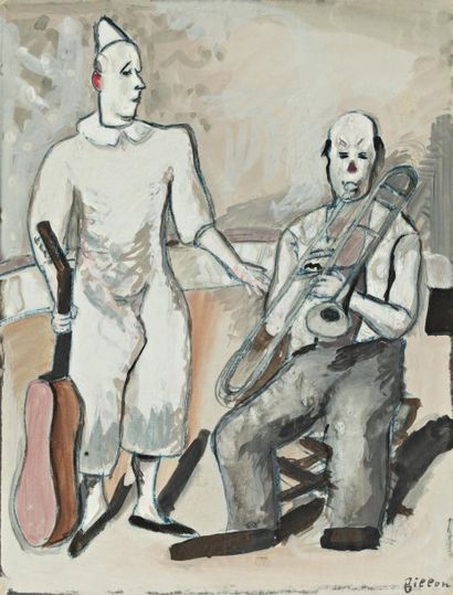 FILLON Arthur (1900-1974) "Les deux clowns musiciens", Gouache, signée en bas à droite,...