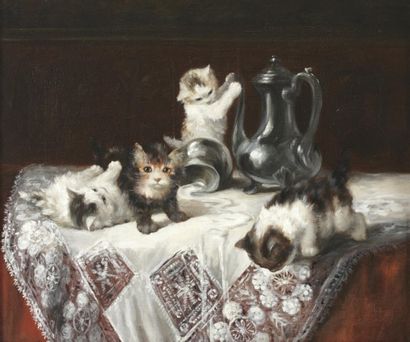 ECOLE FRANCAISE DU XIXème siècle "Les chatons: le lait répandu", huile sur toile,...