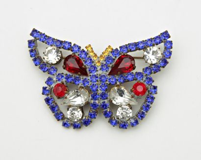 null Broche "Papillon" en métal serti de pierres d'imitation bleues et rouges