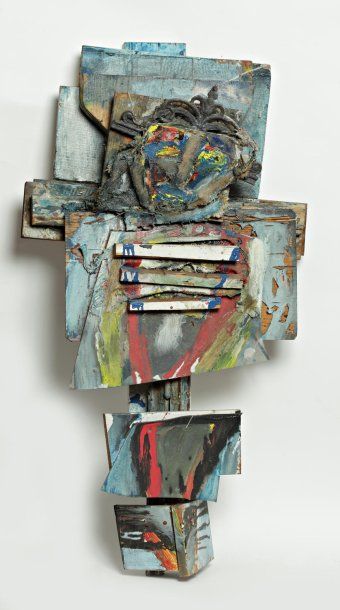 STRUBEL René (né en 1943) "Christ en majesté", Assemblage de bois polychromé et technique...