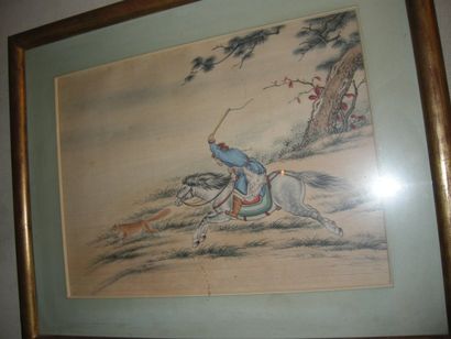 null "Chasse au Renard", peinture sur soie, Chine fin XIXe siècle, 29 x 39 cm (à...