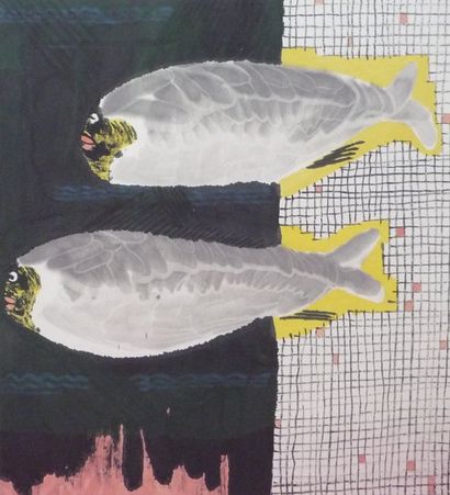 ECOLE MODERNE " Composition aux poissons ", Estampe, signée en bas à droite, 52 x...