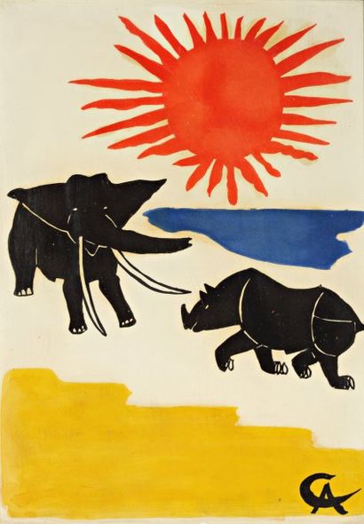 CALDER (1898-1976) "Soleil rouge, rhinocéros et éléphant", Lithographie au pochoir...
