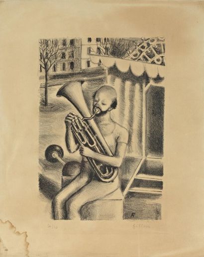 FILLON Arthur (1900-1974) "Le tromboniste", Lithographie, n°4/10. 45 x 36 cm