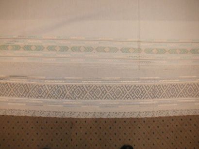 null Deux rabats de drap de lit, Maroc, décor ajouré, brodé en camaïeu de soie bleue...