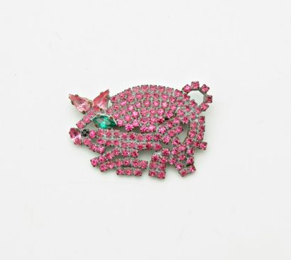 null Broche "Cochon" en métal serti de pierres roses
