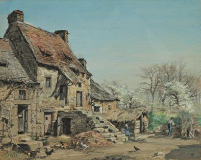 PIETTE Ludovic (1826-1877) « Cerisiers en fleurs près de la ferme », Aquarelle et...