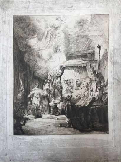 null d'après REMBRANDT "La mort de la Vierge" gravure. XVIIIe. 56 x 46 cm (la planche)....