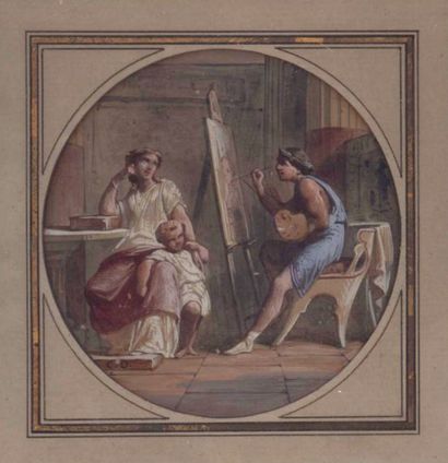 null ECOLE FRANCAISE NEOCLASSIQUE "Appelle et joueuse de lyre" Paire de tondi, gouaches...