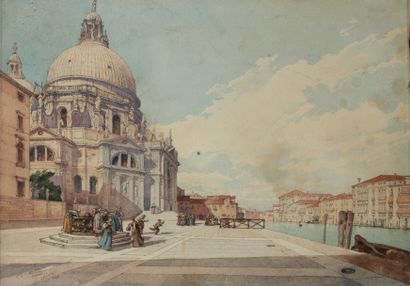 null Ecole du XIXe "Basilique Santa Maria della Salute de Venise" aquarelle, annotée...