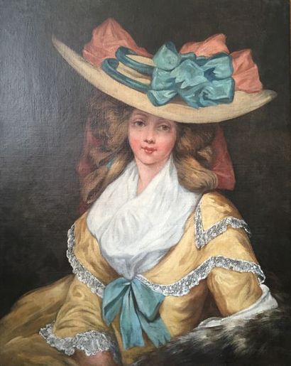 null Ecole anglaise dans le gout du XVIIIe "Jeune femme au chapeau" Huile sur toile....