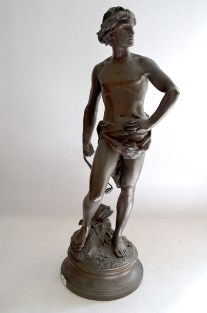 null Adrien Etienne GAUDEZ (1845-1902) "David à la fronde" composition à patine bronze,...