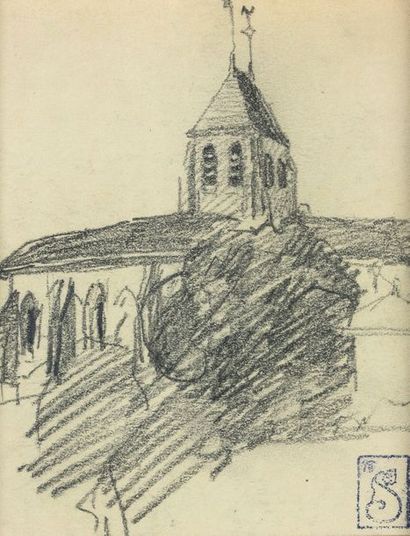 null Théophile Alexandre STEINLEN (1859-1923) "Eglise du Vexin" Crayon signé du cachet...