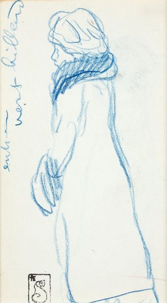 null Théophile Alexandre STEINLEN (1859-1923) "Femme au manteau" crayon bleu. Porte...
