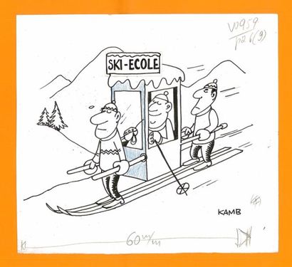 null KAMB (Jacques KAMBOUCHNER dit) (1933-2015) "Ski Ecole " Encre, crayon bleu et...