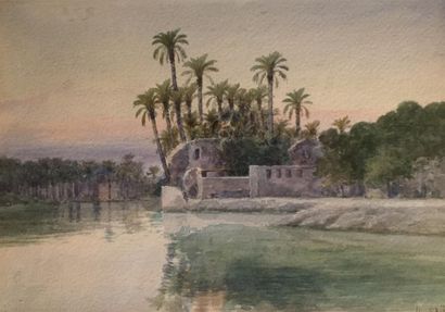 null Hasan SAIM (XIX-XX) "L'oasis" aquarelle sur papier. signée en bas à droite....