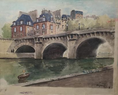 null Frédéric Anatole HOUBRON (1851-1908) "Paris au Pont Neuf" Aquarelle signée en...