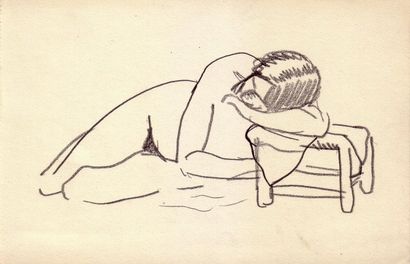 Albert MARQUET Nu allongé, tête sur un tabouret. Crayon.  12,2 x 18,7 cm 