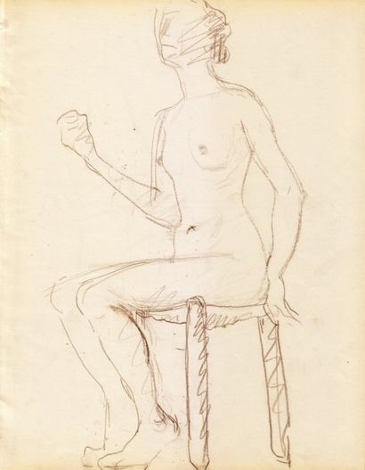 Albert MARQUET Nu au tabouret, bras droit plié. Fusain.  26,9 x 21,3 cm 