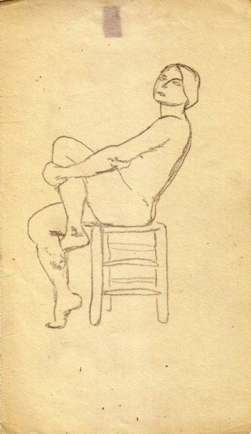 Albert MARQUET Nu assis sur un tabouret. Crayon.  20,9 x 12,1 cm 