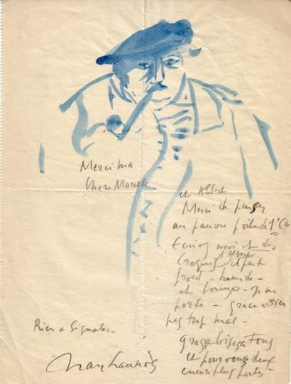 Jean Launois Homme à la pipe. Lettre aquarellée signée, 21,8 x 16,5 cm