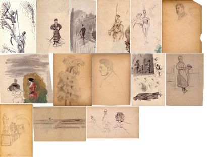 Albert MARQUET Lot de 13 dessins. Jeune femme au parapluie. Encre.  8 x 5 cm,La ville...