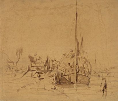 Attribué à LE POITTEVIN Eugène Modeste Edmond (1806-1870) « Le débarquement ». Lavis....