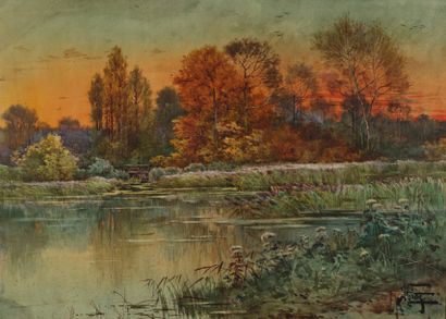 GIDE Hippolyte Jean Adam (1852-1921) « La petite écluse sur l'étang ». Aquarelle...