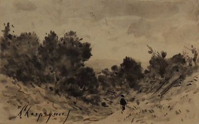 HARPIGNIES Henri Joseph (1819-1916) « Paysage animé ». Lavis d'encre, signé en bas...