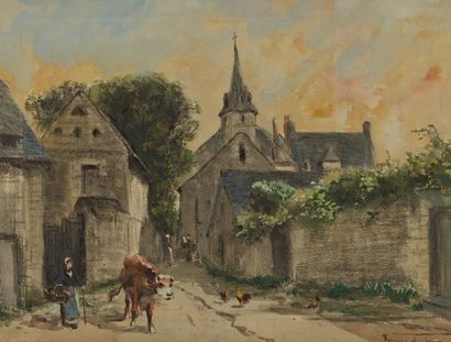 LUSTCHER Fernand (1850-?) « Rue de Village » et « La Ferme ». Deux aquarelles, signées...