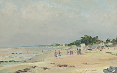 ROULLET Armand Jacques (1903-1998) « La plage ». Gouache, signée en bas à droite....