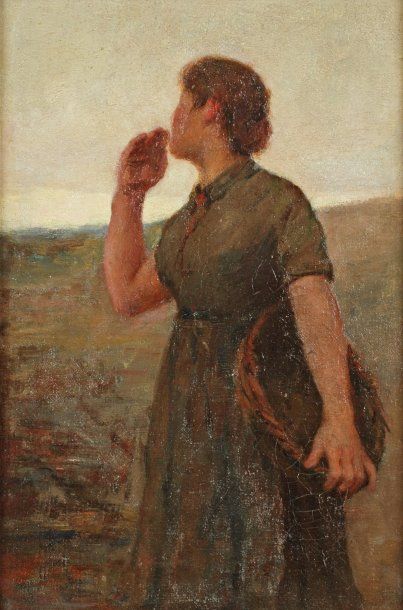 HASWELL Ernest Bruce (né en 1887) « Jeune femme aux champs, le retour ». Huile sur...