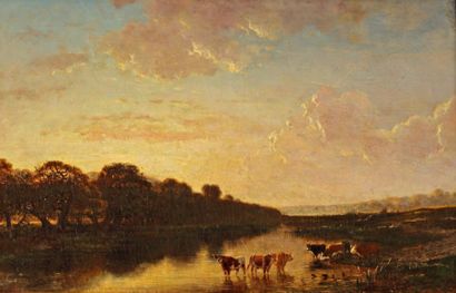 ORTMANS François Auguste (1827-1884) « Vaches à Gretz sur Loing ». Huile sur toile,...