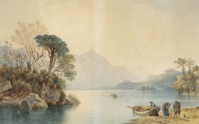 FRANCIA Alexandre Thomas (1813-20/1884) « lac de Montagne en Italie et pêcheurs »....