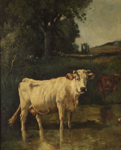 WATELIN Louis François Victor (1838-1907) « La vache blanche ». Huile sur toile,...