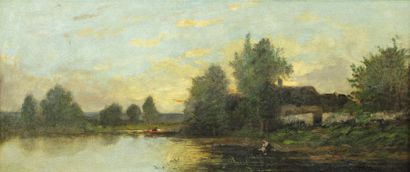 MATHON Emile Louis (1855-XIXe) « Bord de rivière ». Huile sur panneau, signée en...