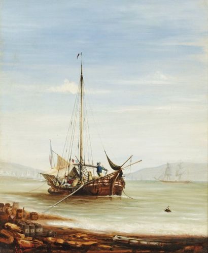 ROULLET Gaston (1847-1925) « Bateaus de pêcheurs ». Huile sur toile, situé à Ars,...