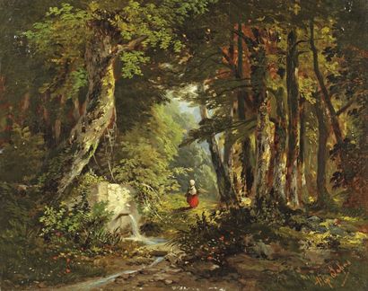 LEBAS Gabriel Hippolythe (1812-1880) « Jeune fille près de la chute d'eau » Huile...