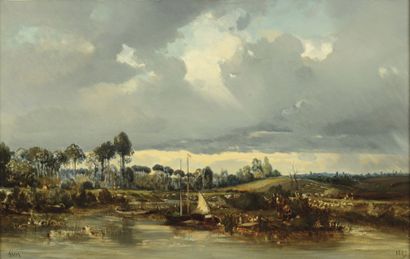 FLERS Camille (1802-1868) « Bord de la Marne à Annnet » Huile sur toile, signée en...