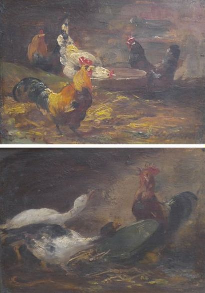 VAN COPPENOLLE Jacques (1878-1915) « Poules » et « Canards et Coqs ». Deux huiles...