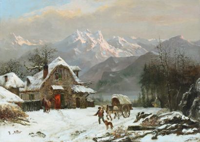 NETTER Benjamin (1811-1881) « Le village de Montagne ». Huile sur toile réentoilée...